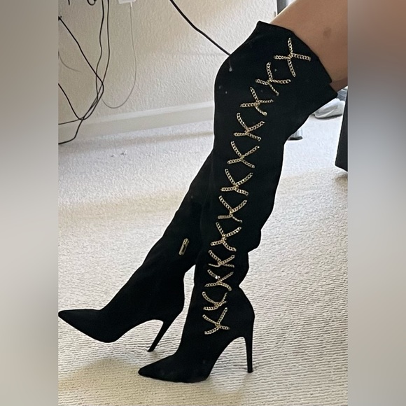 J.Lo Jennifer Lopez Ayana otk over the knee boot black gold chain - Picture 7 of 7